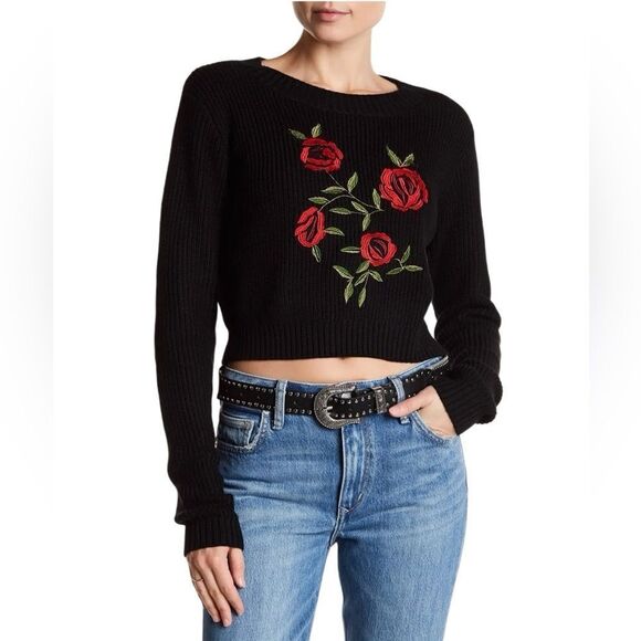 NWT Lovers + Friends Cropped Floral Embroidered Sweater - Picture 1 of 8